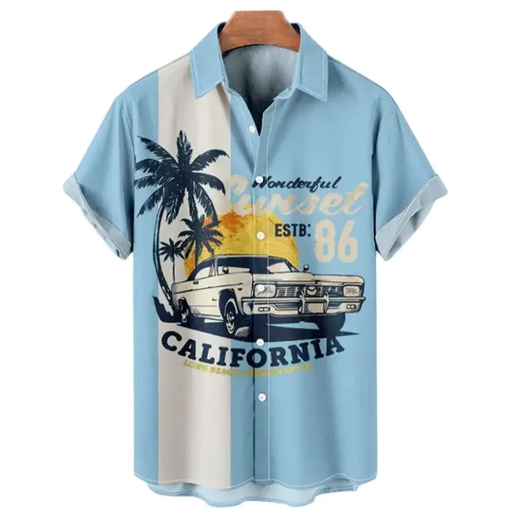 

Seaside Holiday Men's Short Sleeve Shirt New Handsome Loose Sand Beach Of Hawaii Shirt 2023 New Vintage Car Pattern Men's Top