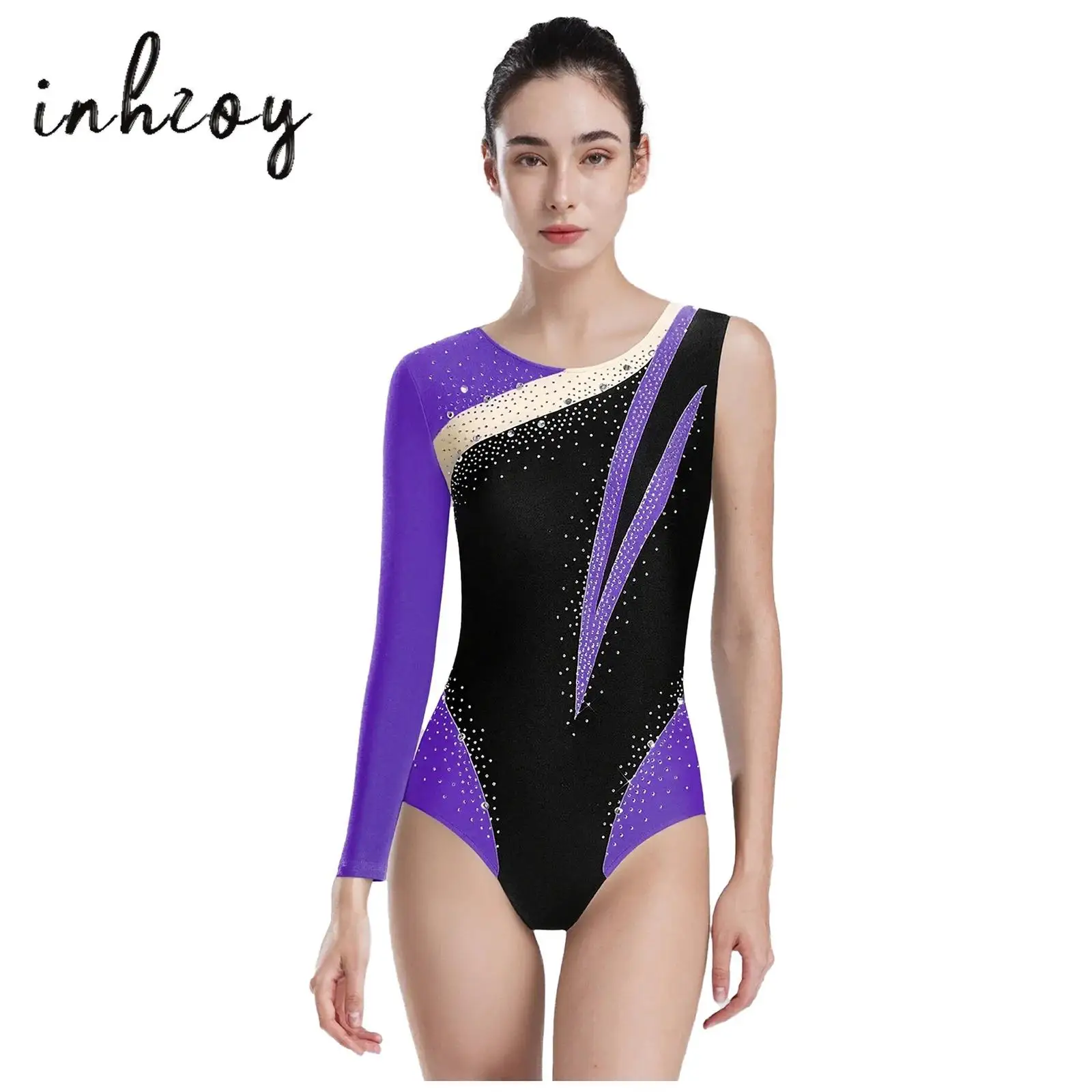 

Women's Gymnastics Leotard Long Sleeve Glittery Color Blocking Asymmetrical Bodysuit Activewear for Figure Skating Ballet Dance