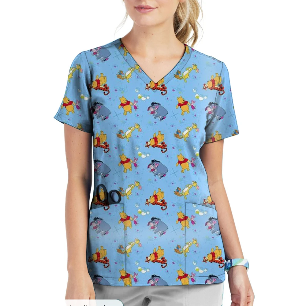 V-neck Women's Tee Shirt Nurse Uniform Disney Pocket Aesthetic Clothing Korean Fashion Woman The Lion King Winnie Print Yk2 Kpop