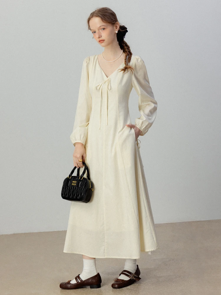 

Eggka Pure Color Korean Style Knot Belted Dress Women's New V-neck Gentle Personality Match Commuting Long Dress Au...