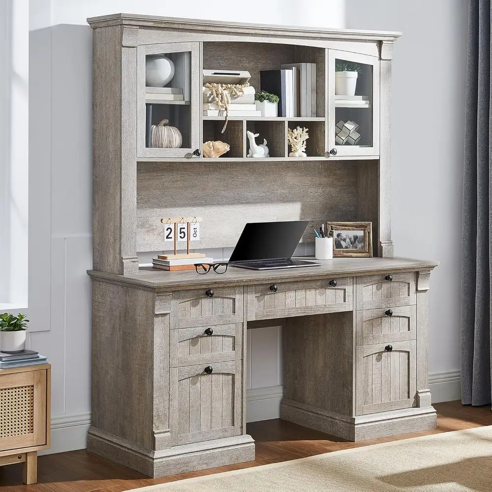 

Рабочий стол из массива дуба в рустикальном стиле 60 Rustic Oak с выдвижной секцией, зарядной станцией, подставкой для клавиатуры и файловым шкафом для домашнего офиса и учебы