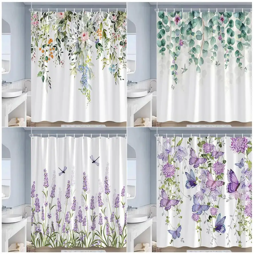 

Rustic Floral Shower Curtains Butterfly Watercolour Flowers Plants Purple Lavender Bathroom Curtain Polyester Decor with Hooks