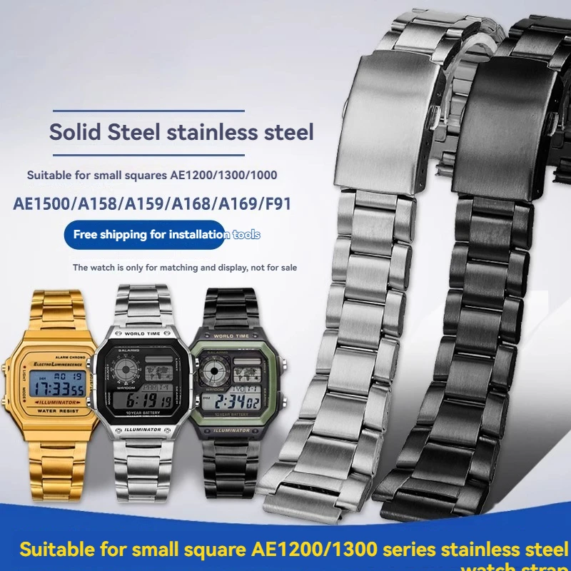 Pulseira de aço fino para casio AE-1200WH/1300WH série clássico pequeno quadrado prata bloco 18mm aço fino metal terno caixa