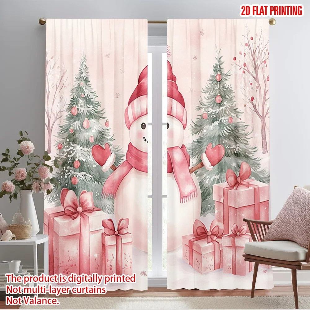 2pcs,2D plane printing Curtains Digital Printed Cute Snowman Christmas Gifts_g Versatile 100% Polyester (without rod)