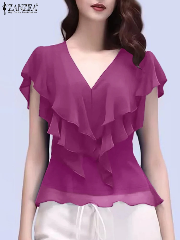 

ZANZEA, элегантные женские шифоновые прозрачные блузки, лето 2021, модные однотонные топы с оборками и v-образным вырезом, короткими рукавами, женская одежда, S-3XL
