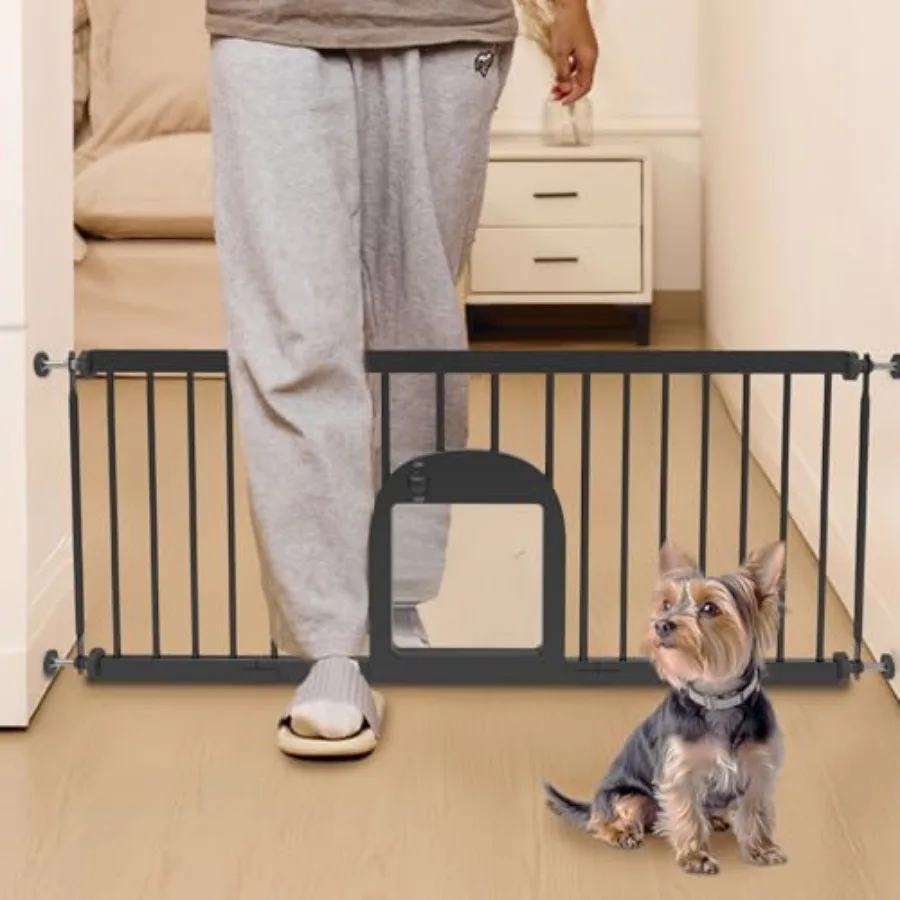 

Dog Gate with Small Pet Door, 16"-42.7" Adjustable Metal Short Dog Gate to Step Over, 16.5" Tall, with 3 Extension Kits, Pressu