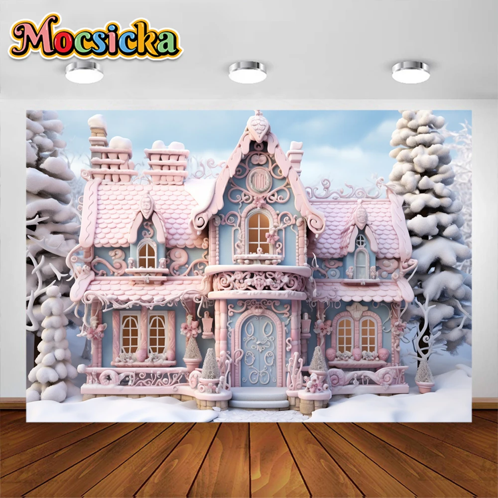 Mocsicka Traum Garten Landschaft Schloss Fotografie rosa Haus Schneeflocke Weihnachts baum Kinder Porträt Studio Requisiten Banner