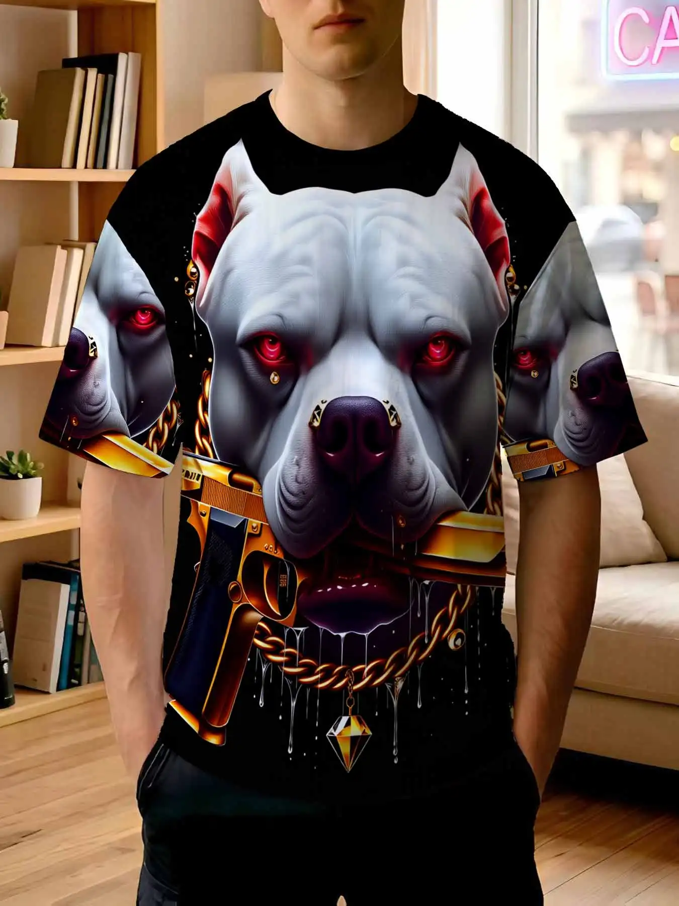 Camiseta estampada nueva 2026 para hombre, estilo hip-hop, con estampado de Pitbull de ojos rojos, cadena dorada y gráfico de pistola dorada.