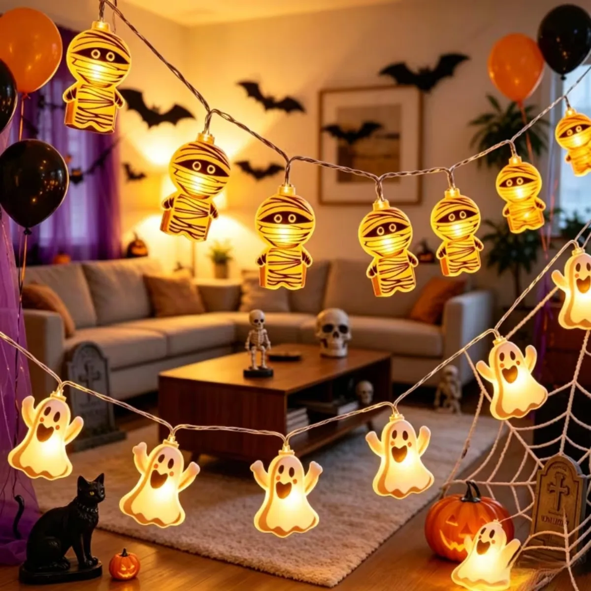 1PC LED Mummy Shape And Raising-Hand Ghost Halloween Spooky String Lights Battery Powered Suitable for Indoor Holiday Home Decor