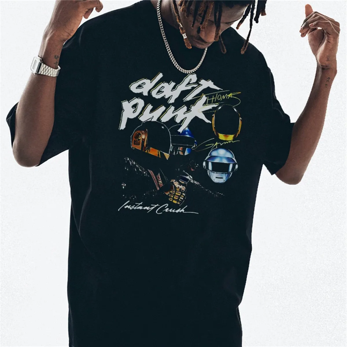 Daft Punk Rainbow Helm DJ Band Grafik-T-Shirt aus Baumwolle für Herren und Damen, Streetwear-T-Shirt – Detail 2