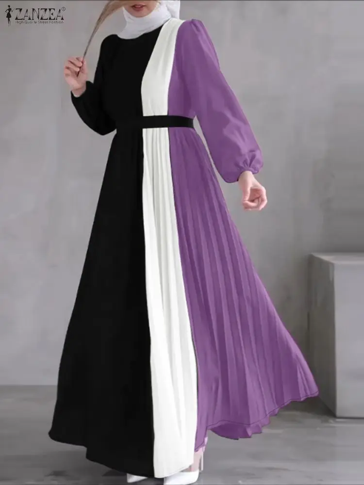 

ZANZEA хиджабы женские плиссированные длинные платья скромные контрастные цвета с длинным рукавом с поясом трапециевидное платье макси Абая халаты мусульманская одежда
