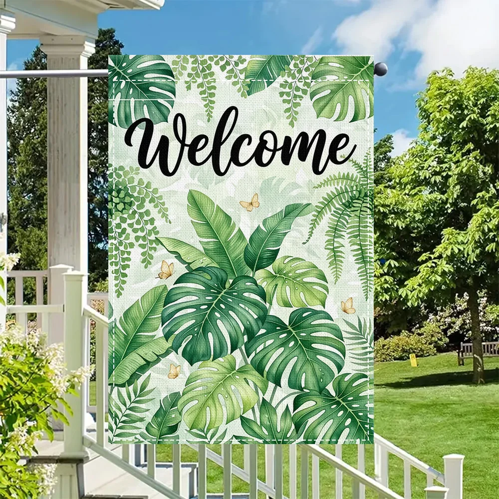 1PC Tropical Green Leaf Welcome Garden Flag, 2-sided print, suitable for patio and outdoor home decor (pole not included)