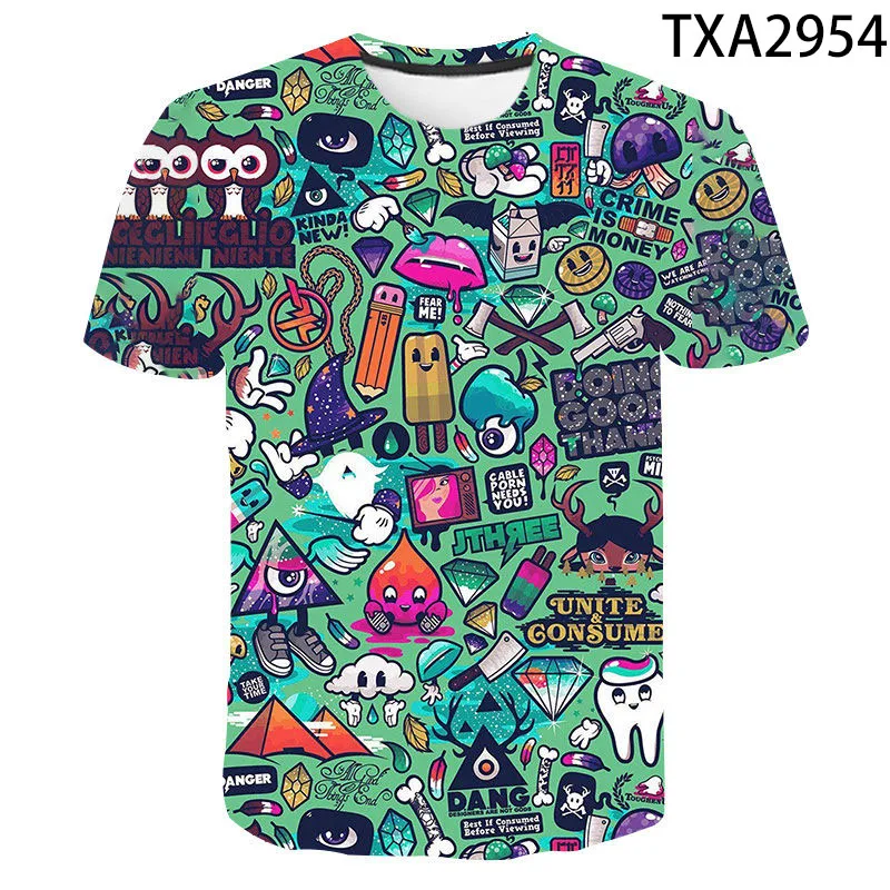 Camisetas con estampado 3D de Graffiti Grunge para hombres y mujeres, ropa de calle de cuello redondo, Tops de gran tamaño, dibujos animados, Verano