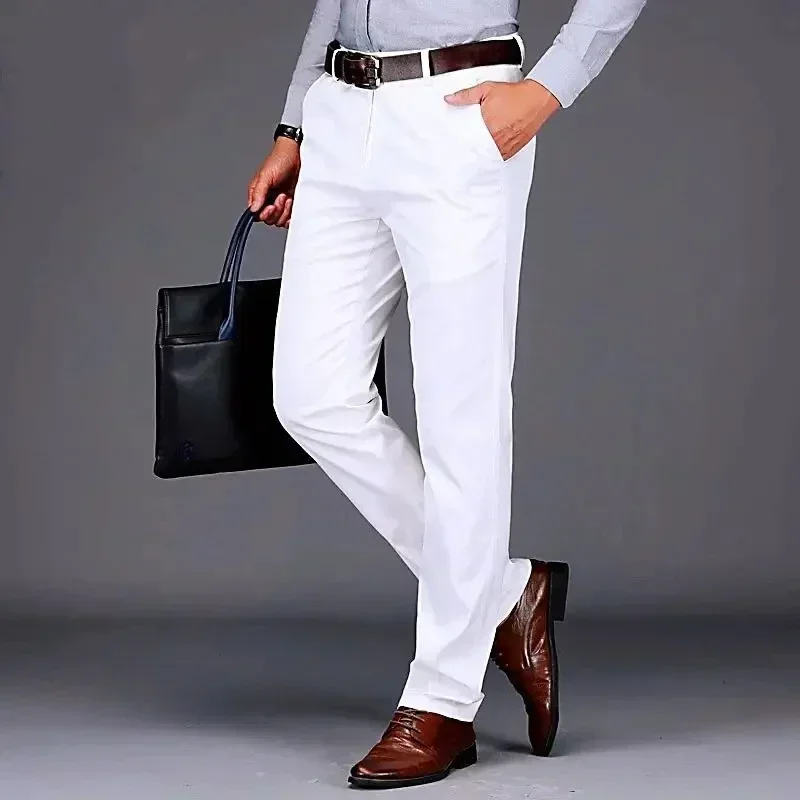 B3879 1xl-4xl Summer Good Stretch Smooth Trousers Men Business Elastic Waist Korean Classic Thin Casual Suit Pants Male Brand