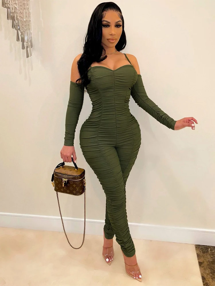 Long Sleeve Sling Jumpsuit women 2023 Autumn Winter Solid Sexy Bra Tight Fitting Clothes Red High Waist Pleated Female Jumpsuit