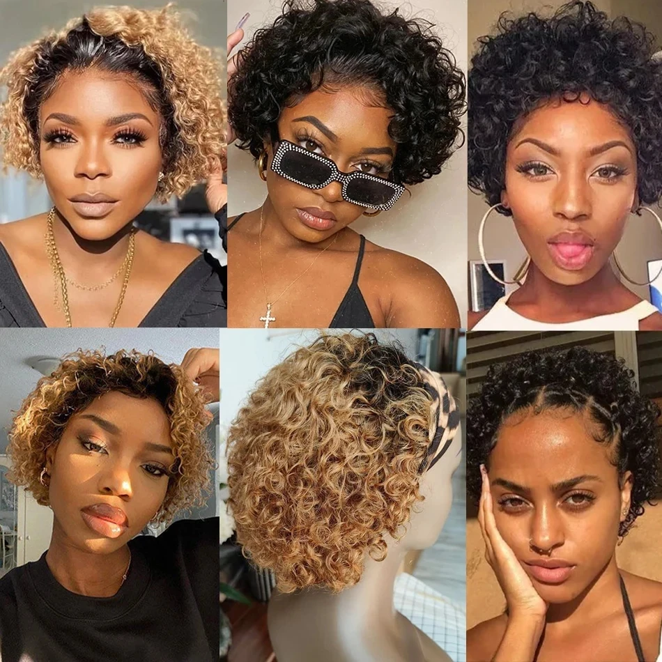 Curly Pixie Cut Wig Lace Human Hair Wig Water Wave Short Bob Wig 13X1 Transparent Lace Wig Wig Ombre Burgundy