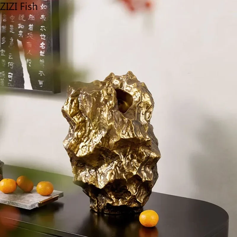 Gold-plated Stone Ceramic Vase Flower Pots Desk Decoration Simulated Rock Flowers Arrangement Floral Vases Room Aesthetic Decor