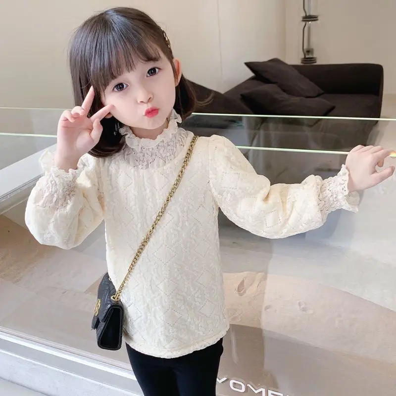 Autumn Winter New Fashion Plush Keep Warm Bottoming Shirt for Girls Long-sleeved Lace High-neck Design Children Clothes T133