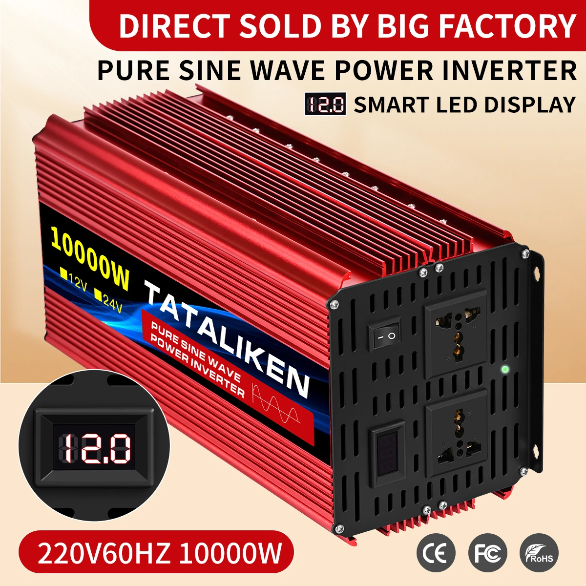 

1000W-10000W Pure Sine Wave Power Inverter 12V/24V DC To 110V/220V Converter with Type-C Ports 2 AC Power Outlets LCD Display