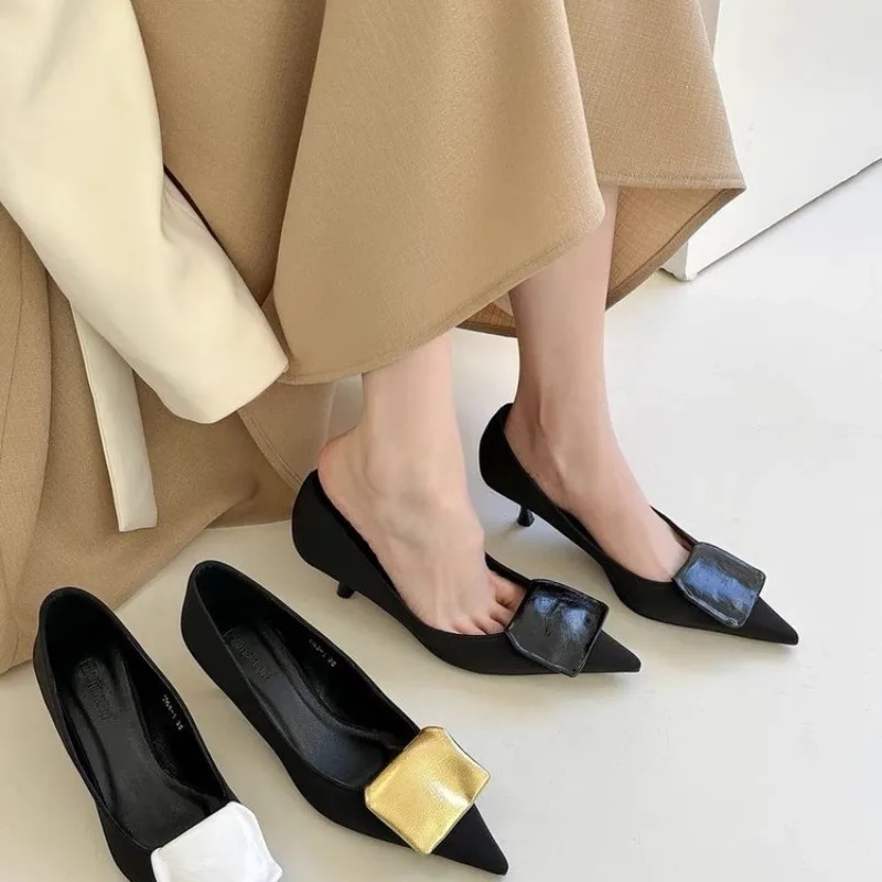 

New Style Pointed Toe Women Pumps Sexy Fashion Dress Shoes Thin Mid Heels Black Gold White Autumn Spring Dress Shoes Woman