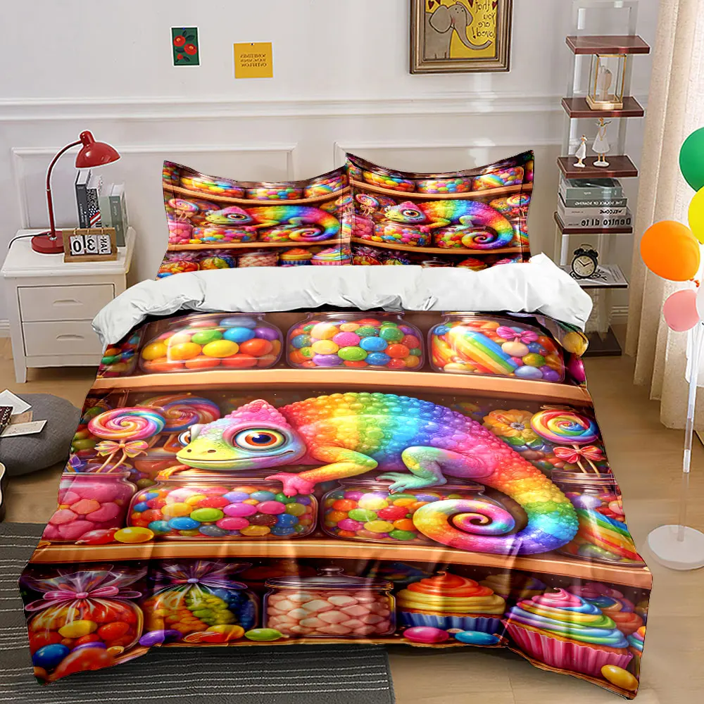 

Rainbow chameleon with candy jars Pattern Duvet Cover Set Digital Print Colorful Polyester Bedding with Zipper Closur for gifts