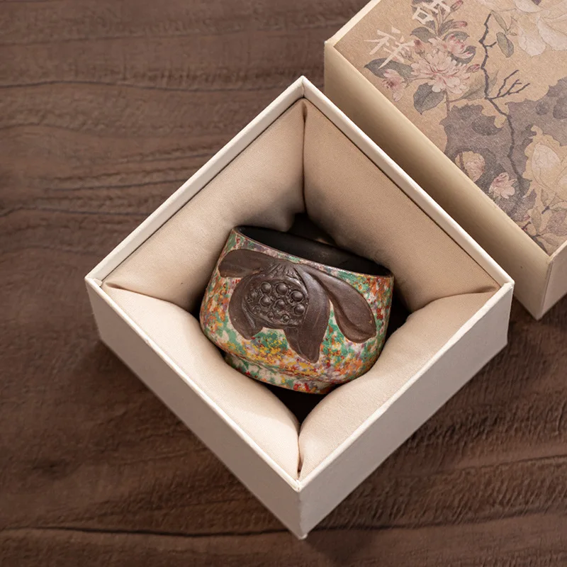 구차오 신형 록 페인팅 연꽃 컵 레트로 세라믹 마스터 티컵 가정용 개인 음용 세트 중국 차 예식 도구