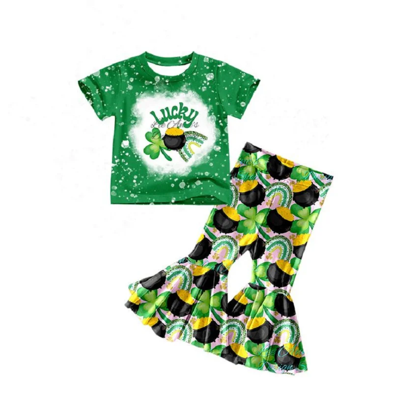 St. Parker green four-leaf clover short sleeve bell-bottom pants set girls clothing milk silk boutique wholesale