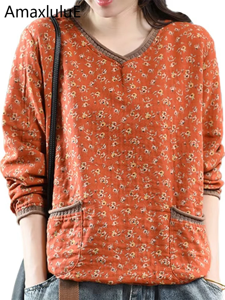 Amax luluE 2022 خريف الكورية نمط فاخر مصمم السيدات فاسق القمم الخامس الرقبة ملابس فضفاضة المرأة خمر الكتان Harajuku تي شيرت #1