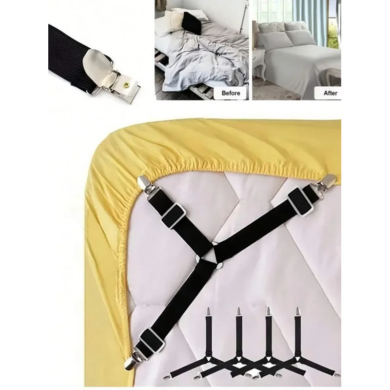 4er-Pack verstellbare Blattenbefestigungen-Set, dreieckige elastische Riemen mit Griffclips für Matratzenpolster/Sofabezüge, hält die Bettwäsche sicher