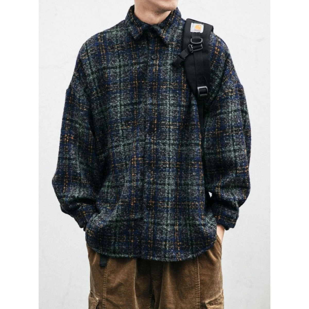 

Retro Japanese Sle Men's Long Sve Woolen Plaid irt Casual Outerwear Spring Autumn Season Polyester Fabric Loose Fit Ja...
