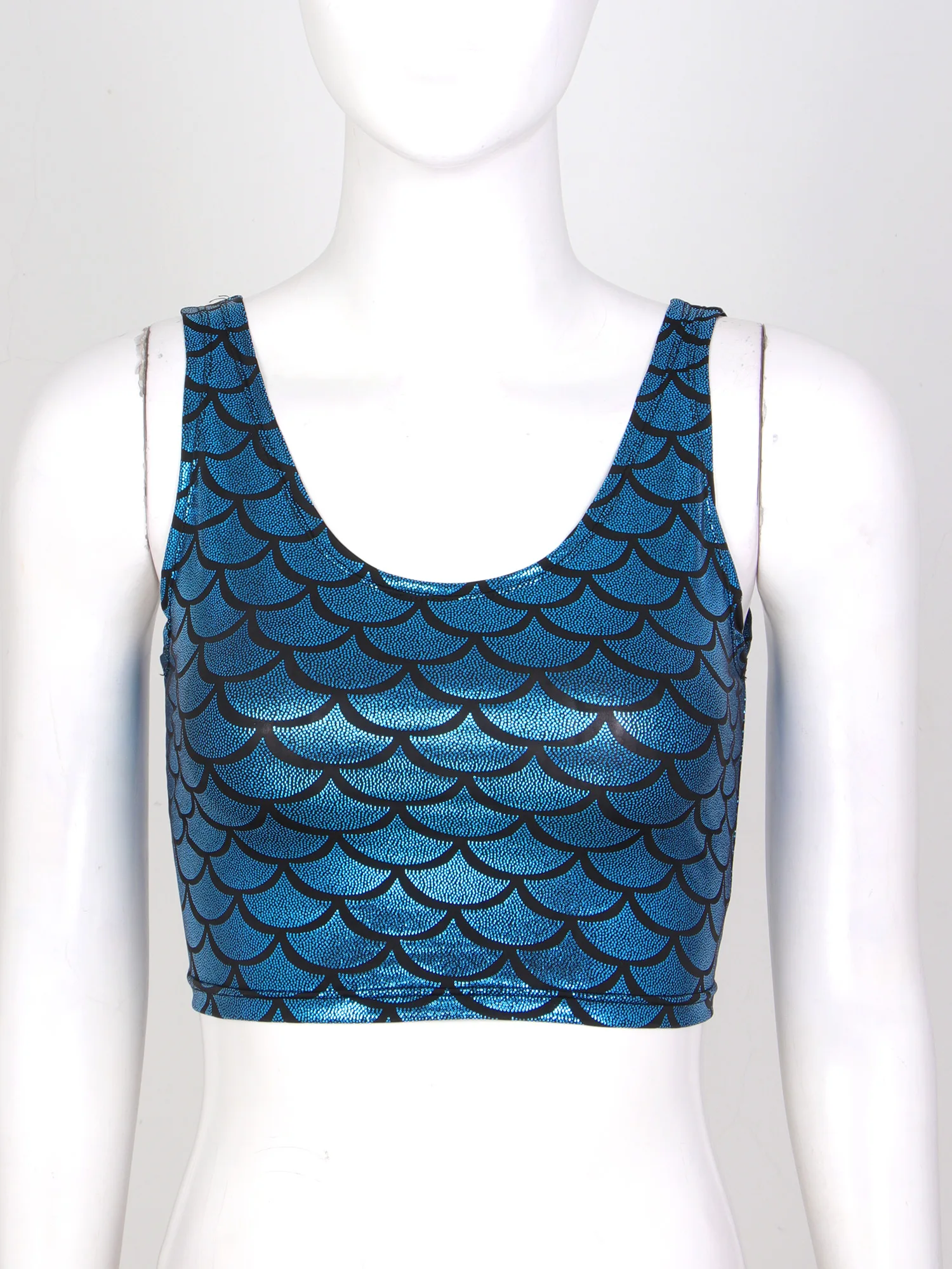 قمم معدنية المرأة لامعة مقياس السمك طباعة اقتصاص تانك القمم القطب ملابس رقص مهرجان الهذيان كلوبوير اليوغا سترة دون أكمام