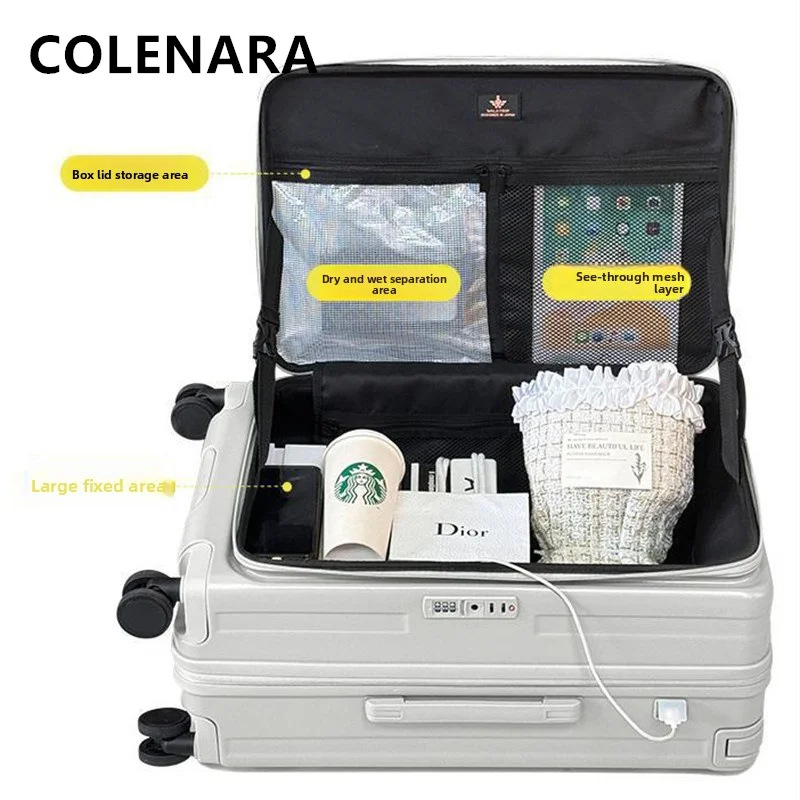 COLENARA High Quality Suitcase USB Charging Trolley Case 20“24”26 Inch Boarding Case ABS+PC Wheeled Travel Bag Women's Luggage