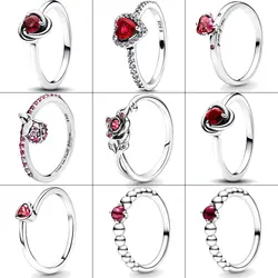 Anillo de plata de la serie roja para mujer, circonita roja brillante, círculo eterno, anillo de Europa para mujer, regalo de boda y Día de San Valentín, joyería 925