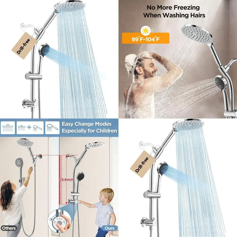 

Adjustable 3-Way Diverter Dual Shower Head Set with Rainfall and Handheld, Chrome Finish