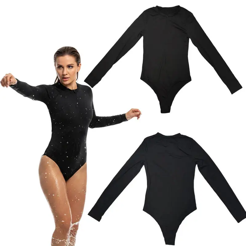 Women Long Sleeve Zip Front One Piece Swimsuit Slim Solid Black Bodysuit Surfing Bathing Suit Beach Pool Sports Training Outfit