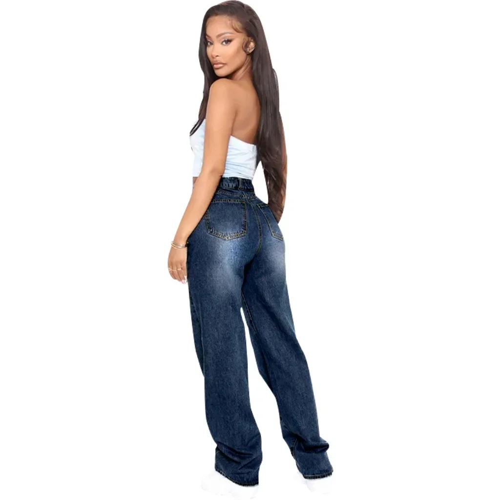 Denim Pant Women Hole Long Jeans High Waist Straight Trousers Casual Button Zipper Washing Pants Solid Streetwear Splice