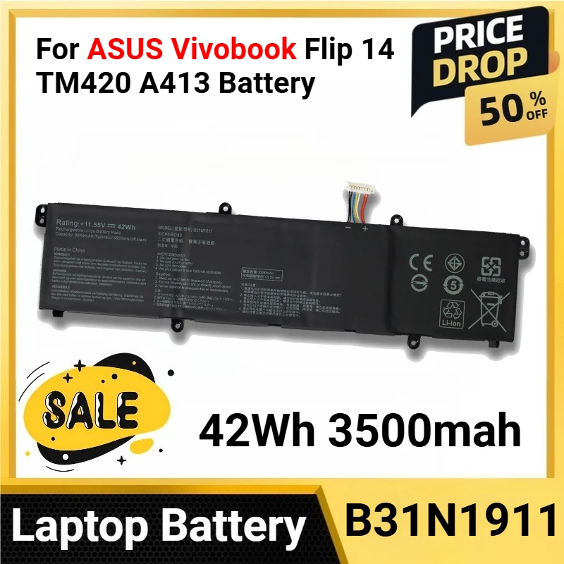 

B31N1911 42Wh 3500mah For ASUS Vivobook Flip 14 TM420 A413 Battery Redolbook14 X1502Z V4050E K413 M413 S413 X421 M3400QA series