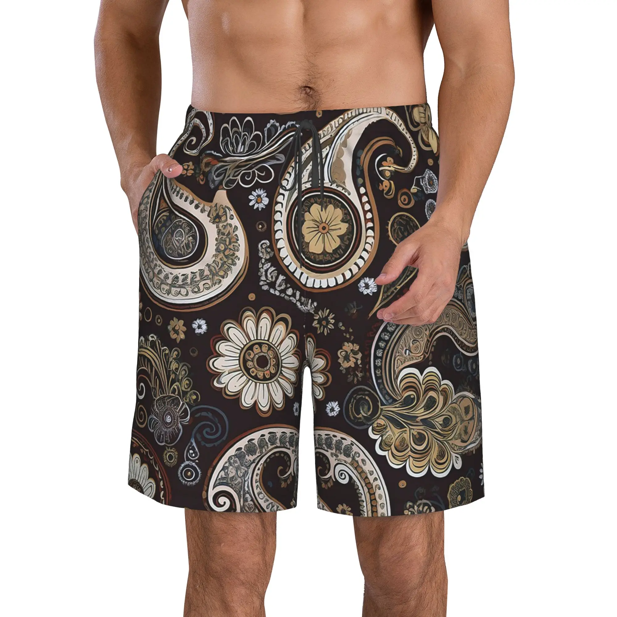 Dark-Colored Paisley Pattern Trunks Beach Board Shorts Casual Quick Dry Swimming Summer Men Pants