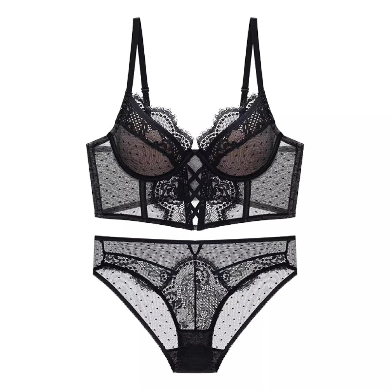 French Lace Push Up Lingerie Set Womens Thin Soft Steel Ring Bra See Through Ruching Chemise Petite Small Bust S-XL Hot