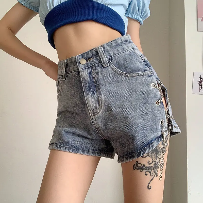 Rimocy Fashion Chain Blue Denim Shorts for Women 2024 Sexy Split High Waist Shorts Woman Summer Streetwear Short Jeans Female