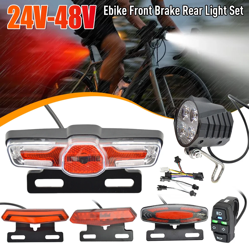 

24-48V LED Electric Scooter Front Brake Rear Light Set Ebike Tail Light Horn Headlight Switch Electric Bicycle Accessories