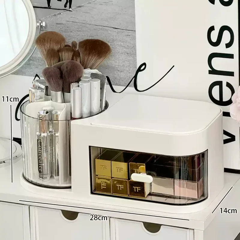 Desktop Rotating Stationery Organizer Large Capacity Multi-grid Cosmetics Storage Box with Drawer Rack Organizer School Supplies