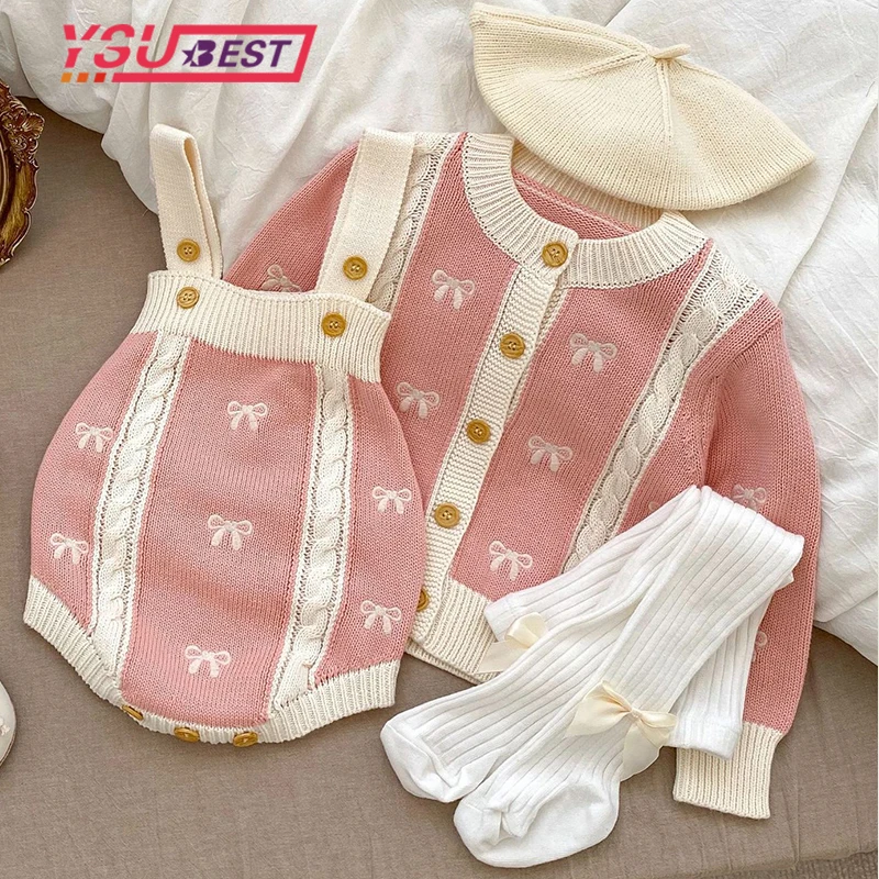 Newborn Baby Girls Clothes Suit Autumn Kids Suit Knit Infant Baby Girls Clothing Set Embroidered Bow Knitted Cardigan+Jumpsuit