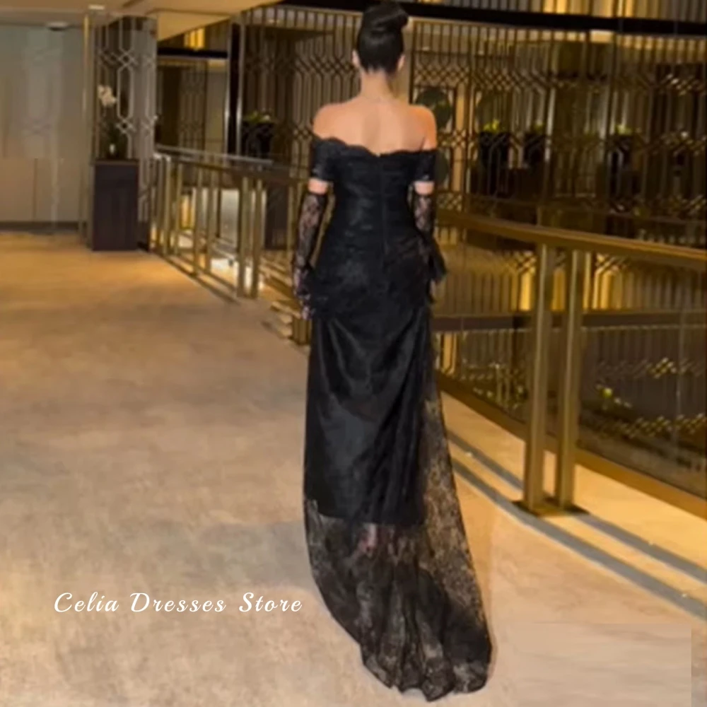 Black Lace Customized Prom Dresses Exquisite Off the Shoulder Evening Dress Sweep Train High Split Special Occasion Gowns