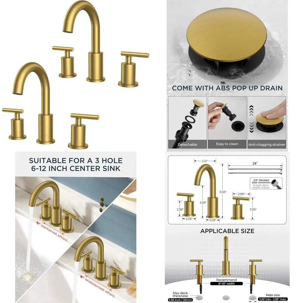 

8-дюймовый широко распространенный смеситель из матового золота с 2 ручками, 360° ° Поворотный излив, выдвижной слив и линия подачи кубка для туалетного столика в ванной комнате