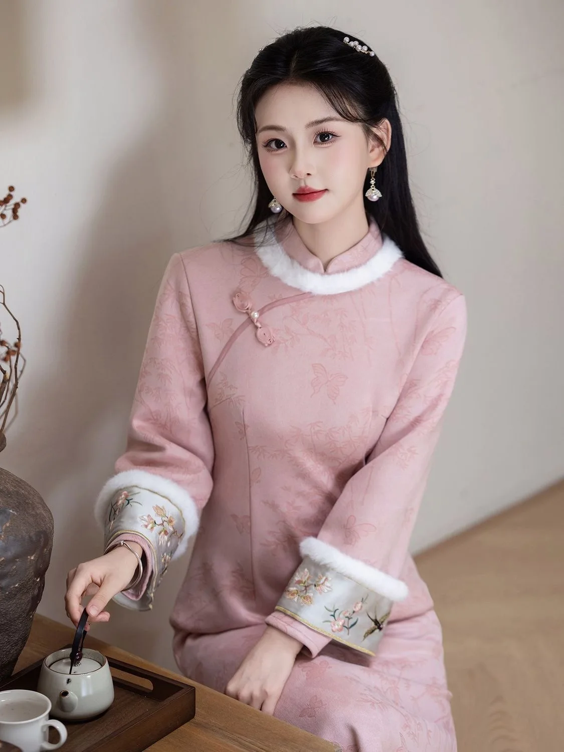 

Розовое зимнее теплое платье-миди с длинным рукавом для повседневной носки, комфортное, в винтажном стиле, для молодых женщин, с эффектом похудения