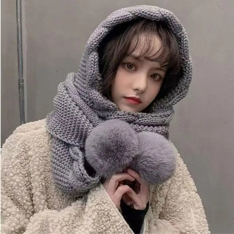 R1WEฤดูหนาวBrimlessหมวกผ้าพันคอEarflapsหนาถักหมวกPompomsเย็นสภาพอากาศWindproofหมวกสำหรับหญิงสาว
