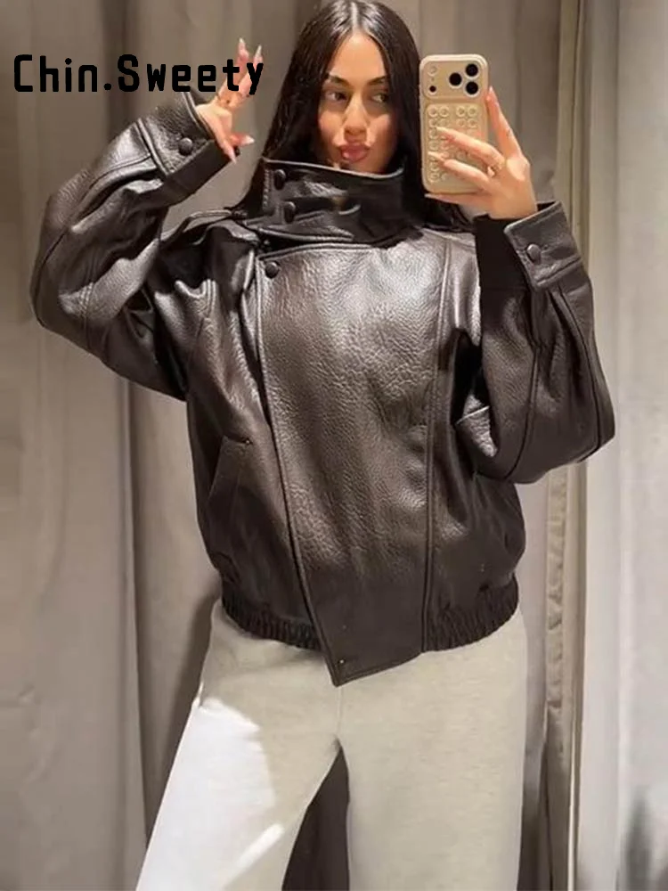 Black Asymmetry Buttons Leather Jackets Women Lapel Long Sleeve