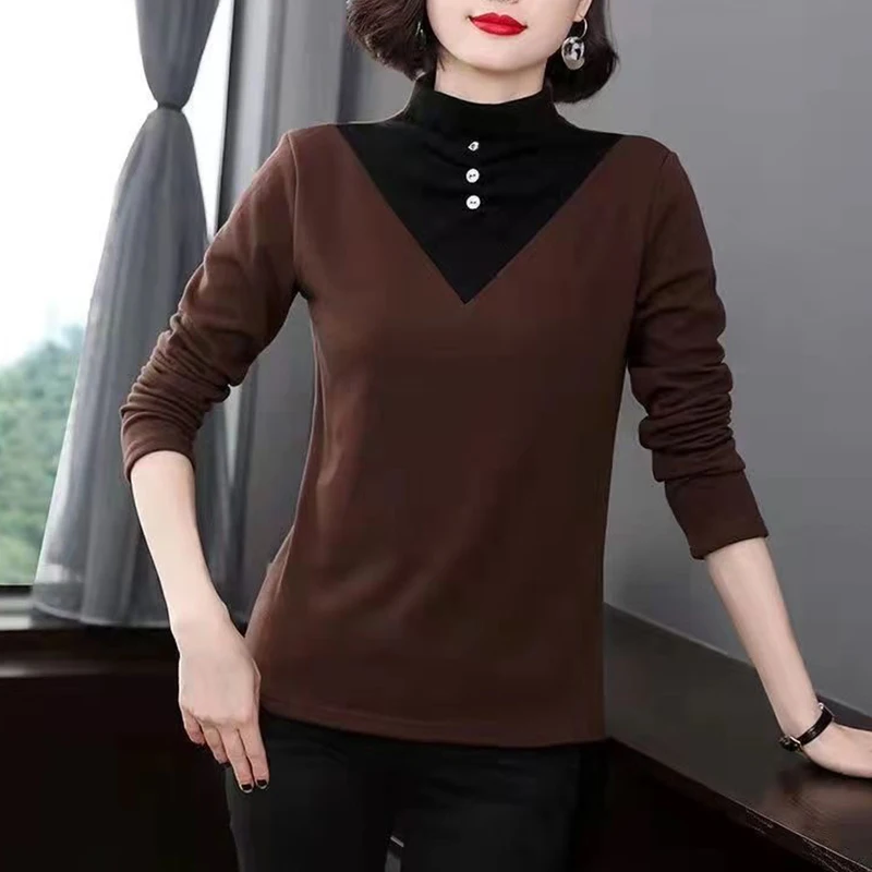 

Autumn and Winter Elegant Fashion Chic Pullover Women Vintage Trendy Patchwork Button Long Sleeve High Neck Slim Plush Sweater