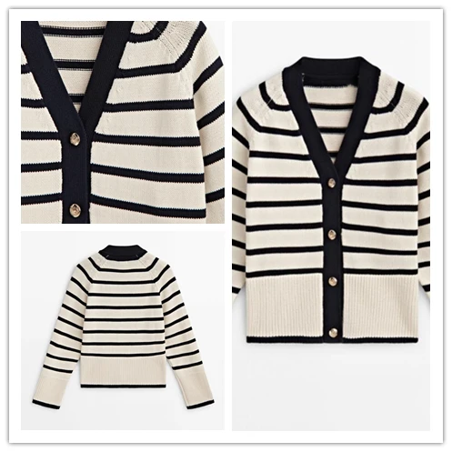 

Весна 2024, женский вязаный свитер в полоску с v-образным вырезом, кардиган, повседневная модная верхняя одежда, шерстяной длинный свек, стандартный крой, для поездок на работу, Sle